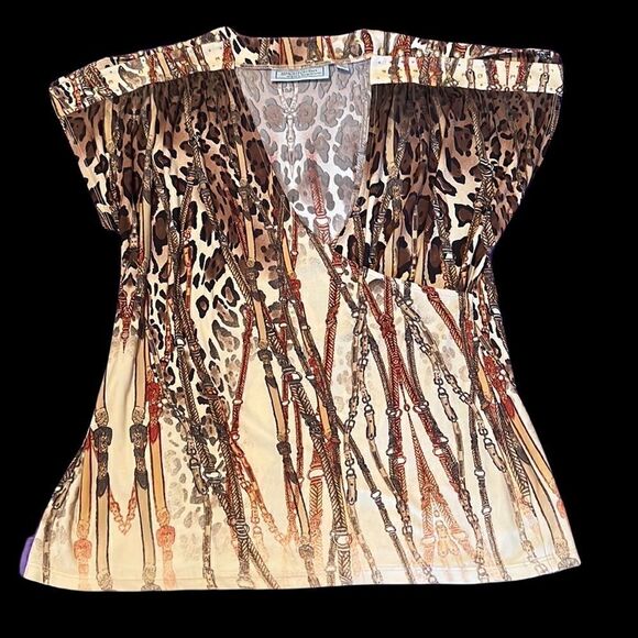 George Simonton szL brown print top buttons & bling at shoulder wrap front EUC - Picture 2 of 12